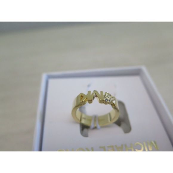 Michael Kors MKJX7978710 Size 7 Gold Tone Pavé Crystals Heart w/MK Logo Ring - Picture 7 of 11